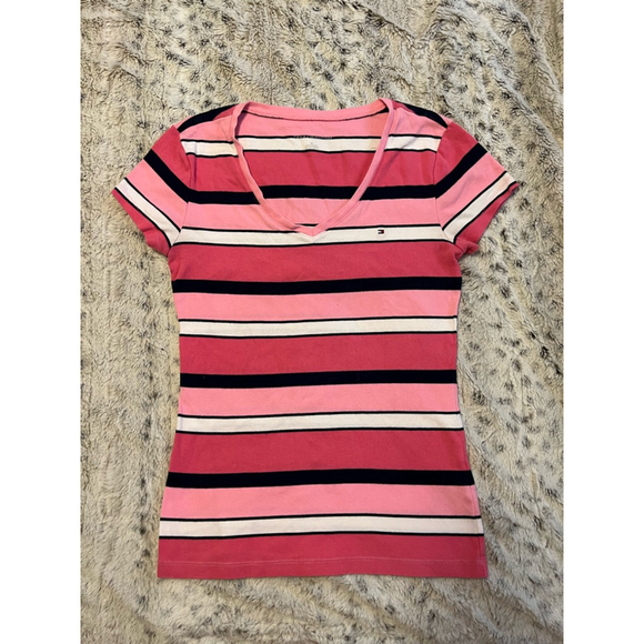 Tommy Hilfiger Tops - Vintage Tommy Hilfiger Y2K Striped V-Neck T-Shirt Womens Size M Pink Navy EUC